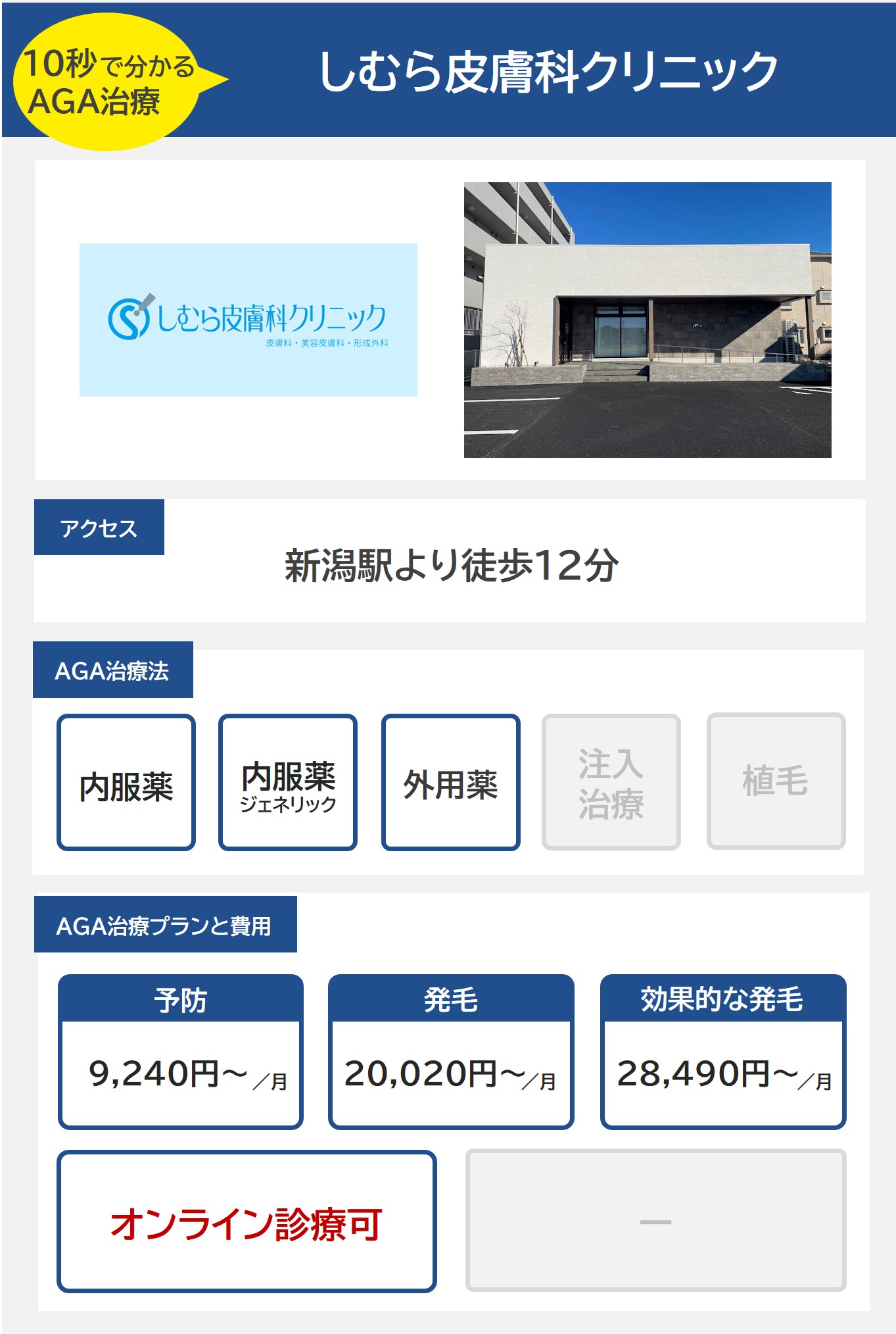 しむら皮膚科クリニック（新潟）のAGA治療法・プラン料金まとめ
