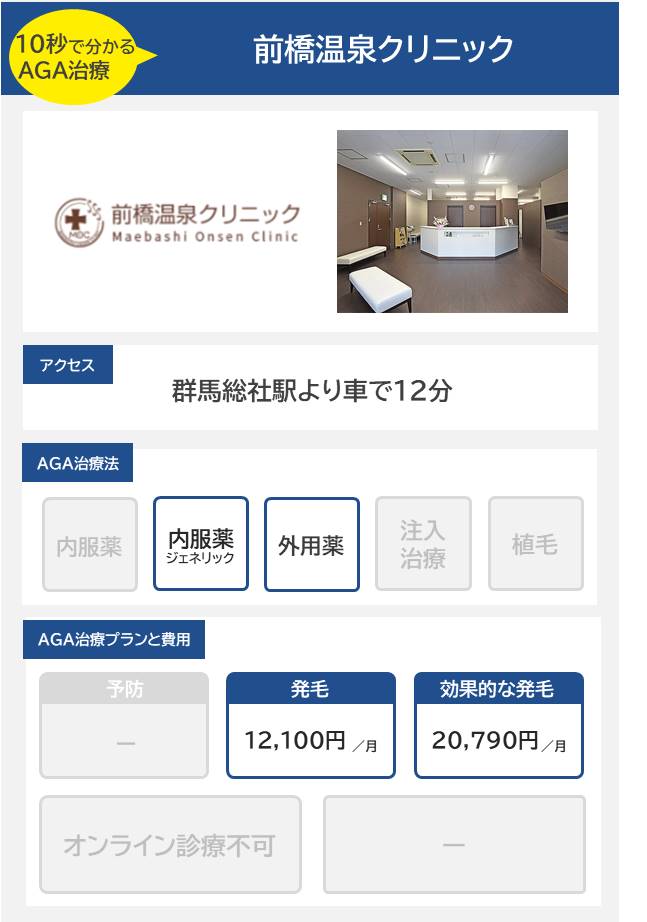 前橋温泉クリニック（前橋）10分で分かるAGA治療