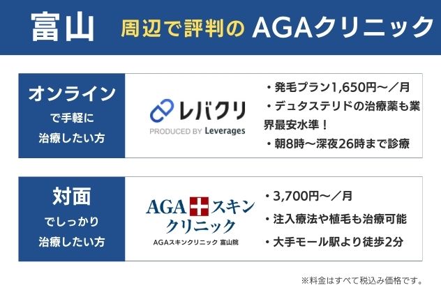 富山で安くておすすめのAGAクリニックは、オンラインならレバクリ、対面ならAGAスキンクリニック富山院