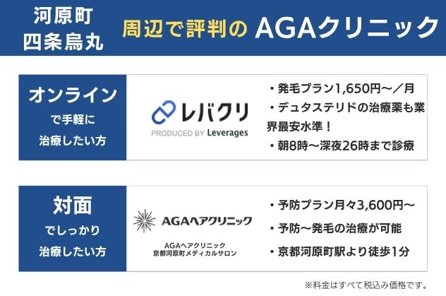河原町・四条烏丸で安くておすすめのAGAクリニックは、オンラインならレバクリ、対面ならAGAスキンクリニック京都河原町院