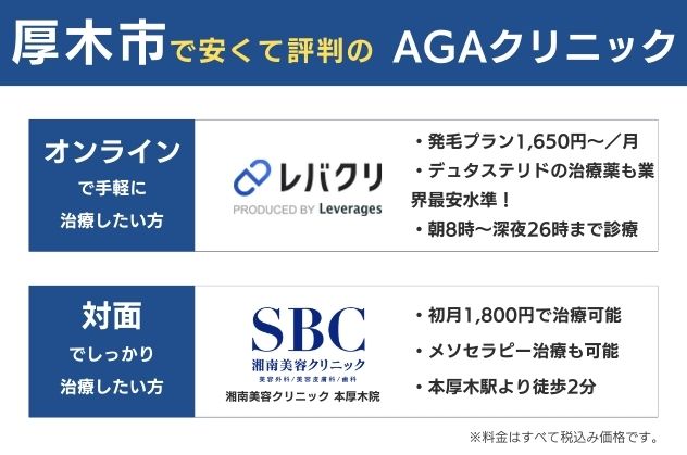厚木で安くておすすめのAGAクリニックは、オンラインならレバクリ、対面なら湘南美容クリニック本厚木院