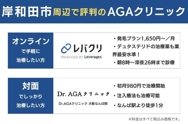 岸和田で安くておすすめのAGAクリニックは、オンラインならレバクリ、対面ならDr.AGAクリニック大阪なんば院