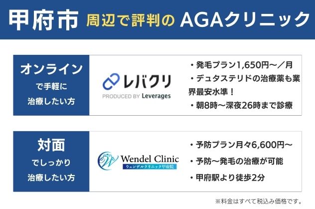 甲府で安くておすすめのAGAクリニックは、オンラインならレバクリ、対面ならウェンデルクリニック甲府院