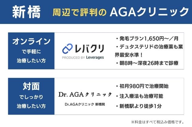 新橋で安くておすすめのAGAクリニックは、オンラインならレバクリ、対面ならDr.AGAクリニック新橋院