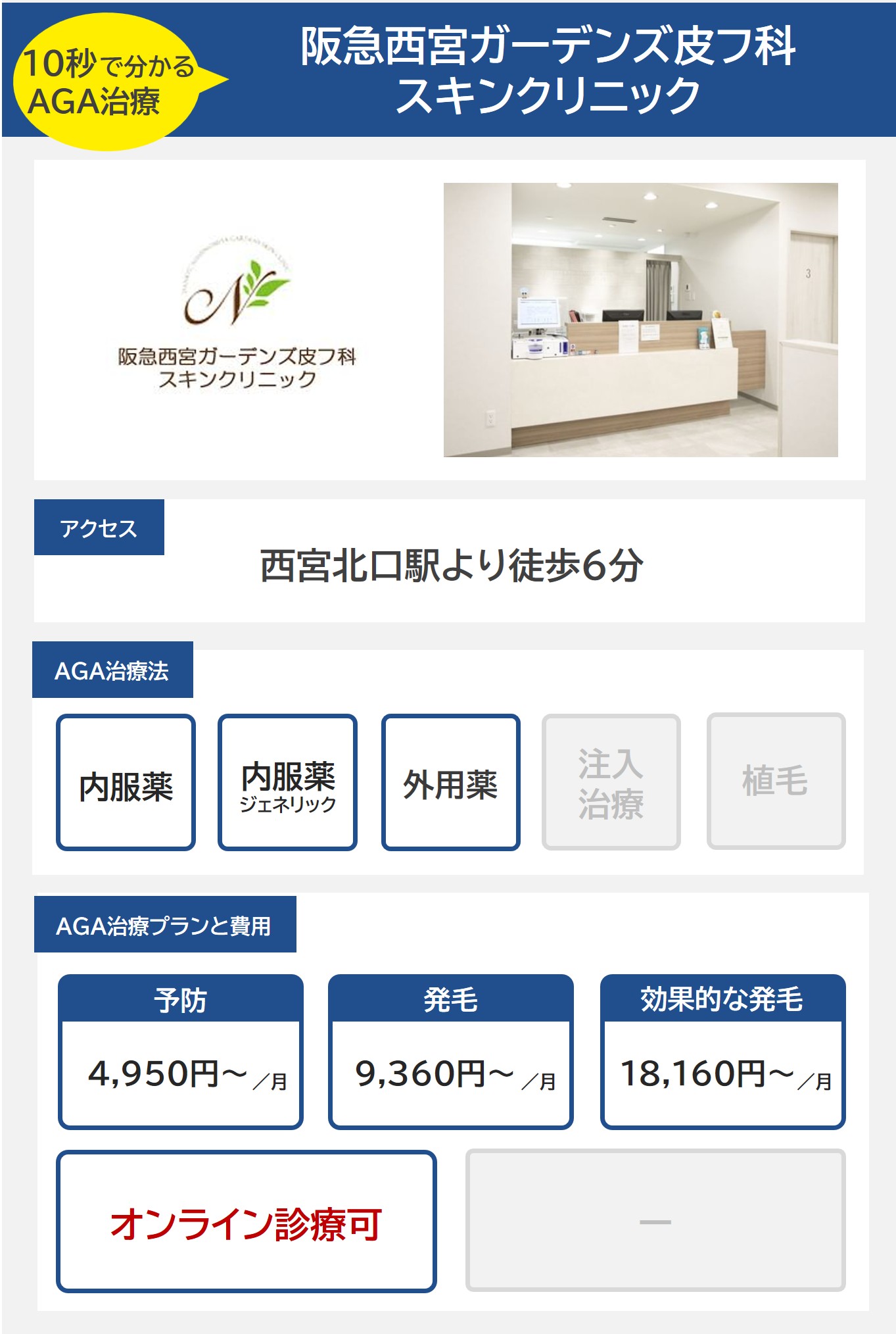 阪急西宮ガーデンズ皮膚科スキンクリニック（西宮）のAGA治療法・プラン料金まとめ