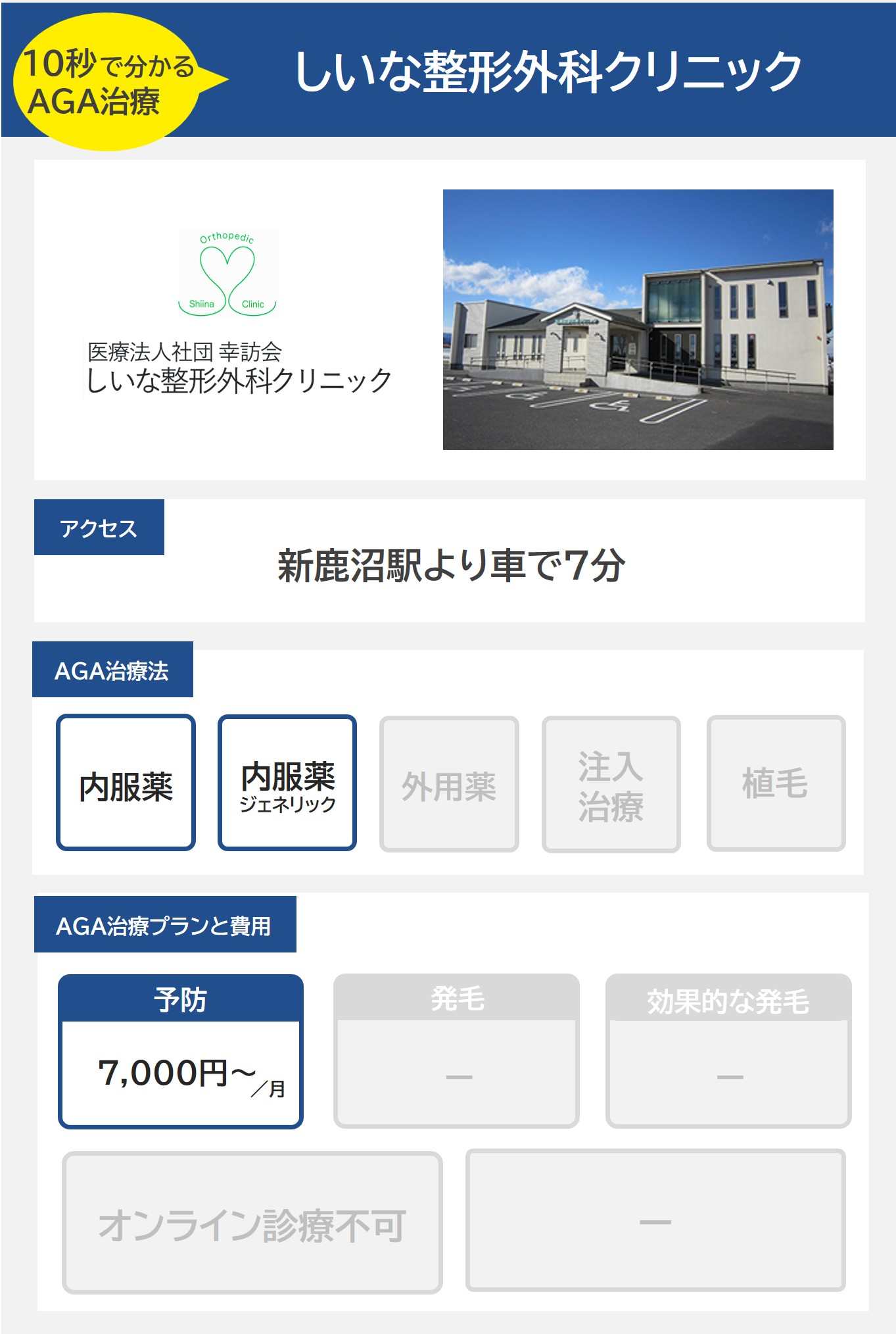 しいな整形外科クリニック（鹿沼）のAGA治療法・プラン料金まとめ