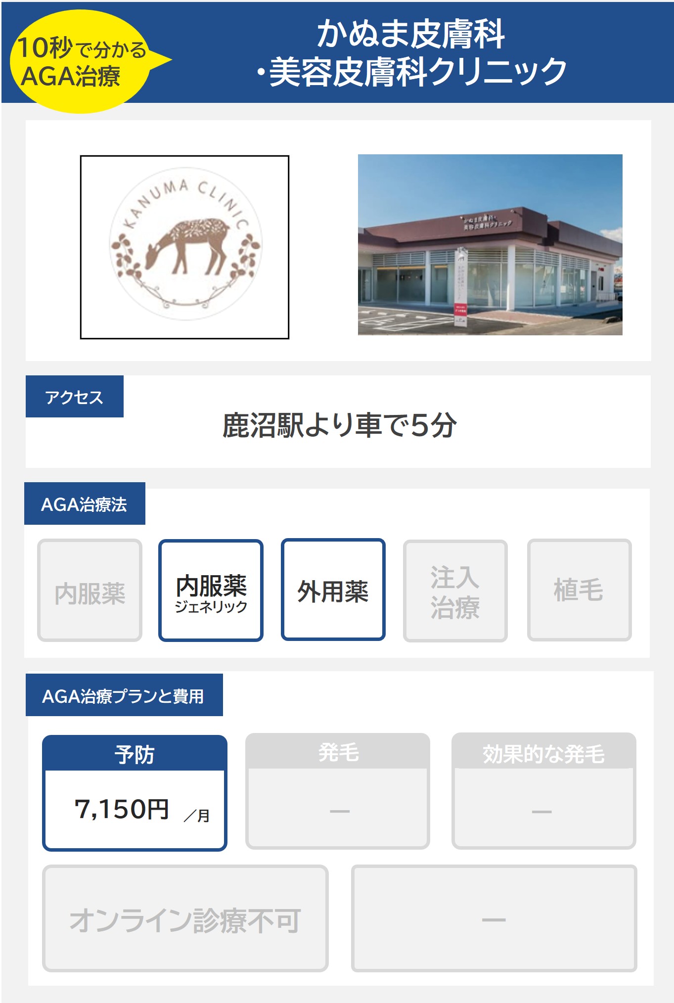 かぬま皮膚科・美容皮膚科クリニック（栃木）のAGA治療法・プラン料金まとめ