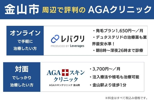 金山で安くておすすめのAGAクリニックは、オンラインならレバクリ、対面ならAGAスキンクリニック金山
