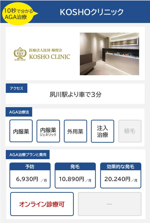 KOSHOクリニック（西宮）のAGA治療法・プラン料金まとめ
