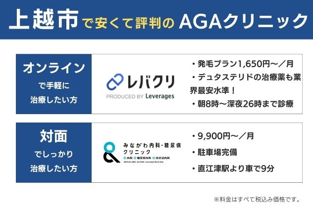 上越で安くておすすめのAGAクリニックは、オンラインならレバクリ、対面ならみながわ内科・糖尿病クリニック