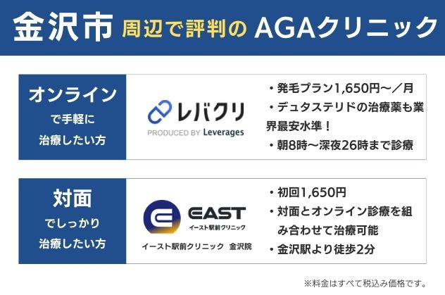 金沢で安くておすすめのAGAクリニックは、オンラインならレバクリ、対面ならイースト駅前クリニック金沢院