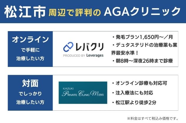 松江で安くておすすめのAGAクリニックは、オンラインならレバクリ、対面ならKAZUKIプライベートクリニック松江院