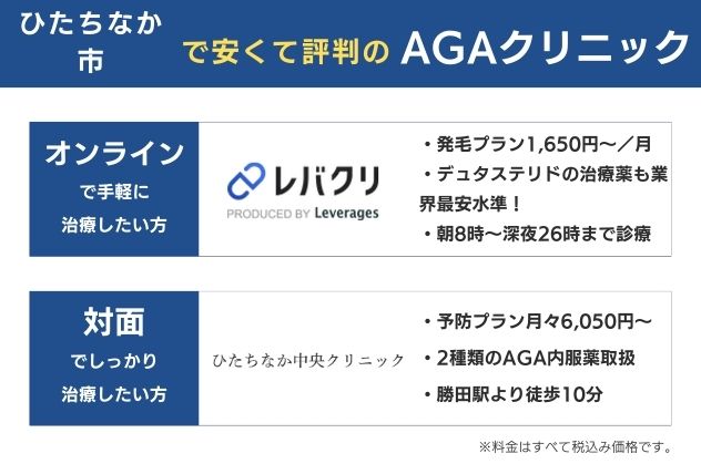 ひたちなかで安くておすすめのAGAクリニックは、オンラインならレバクリ、対面ならひたちなか中央クリニック