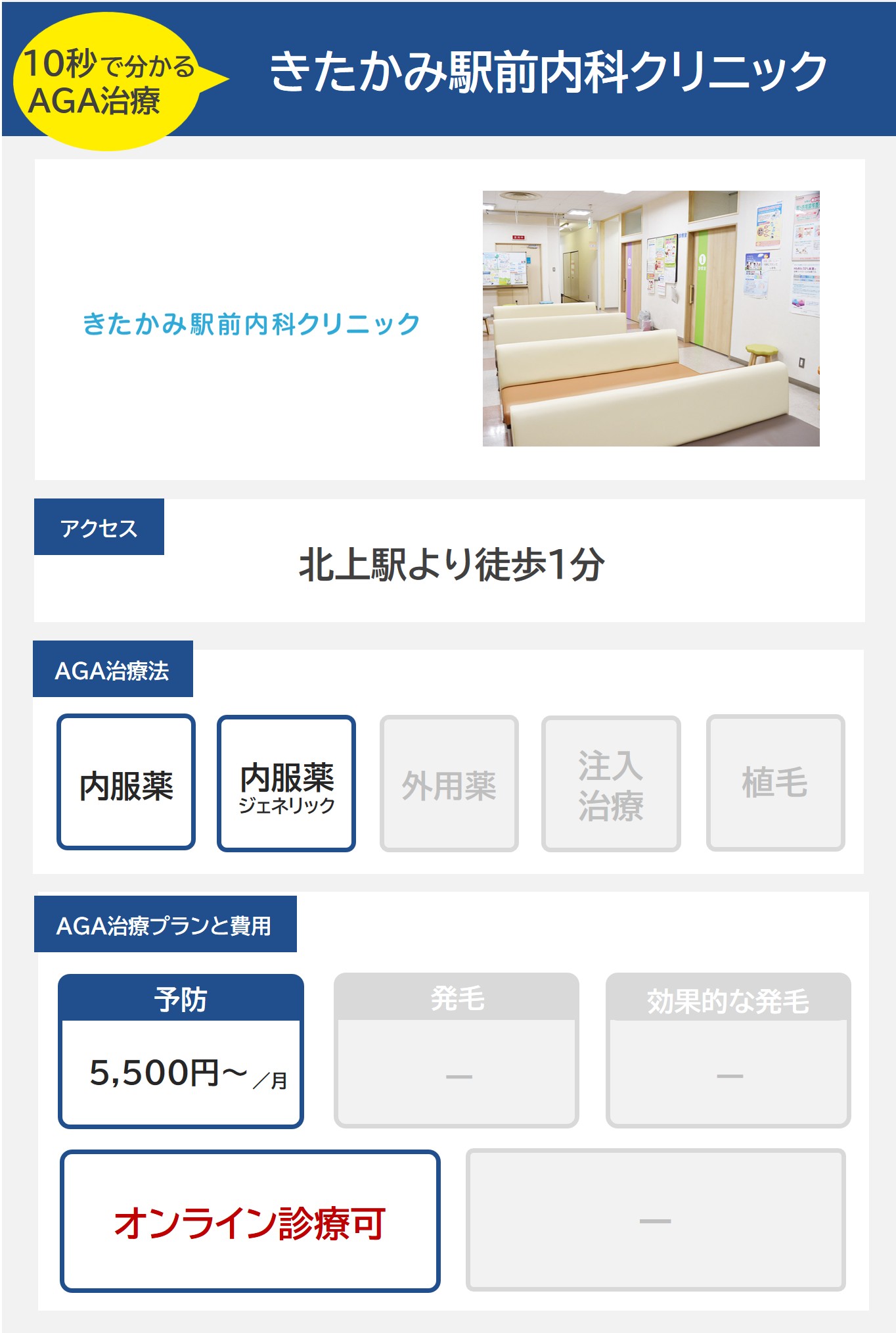 きたかみ駅前内科クリニック（岩手）のAGA治療法・プラン料金まとめ