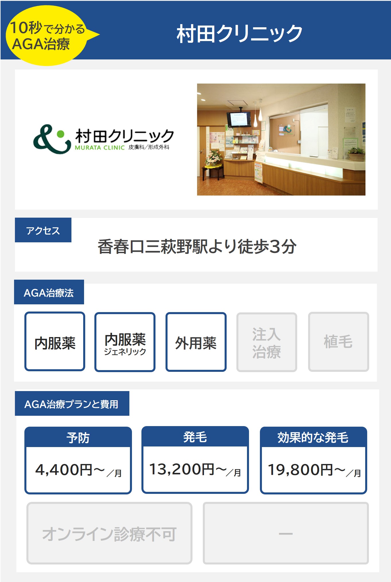 村田クリニック（小倉）のAGA治療法・プラン料金まとめ