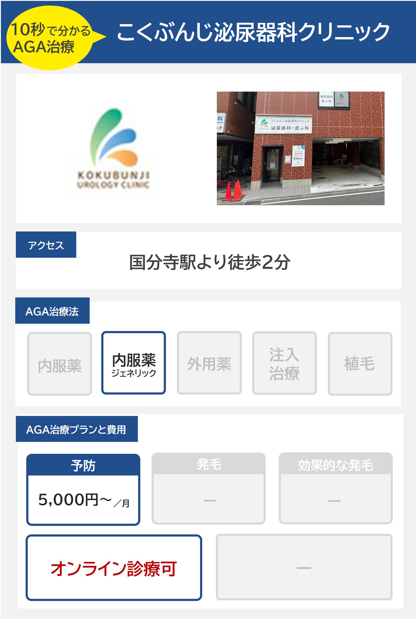 こくぶんじ泌尿器科クリニック（国分寺）のAGA治療法・プラン料金まとめ