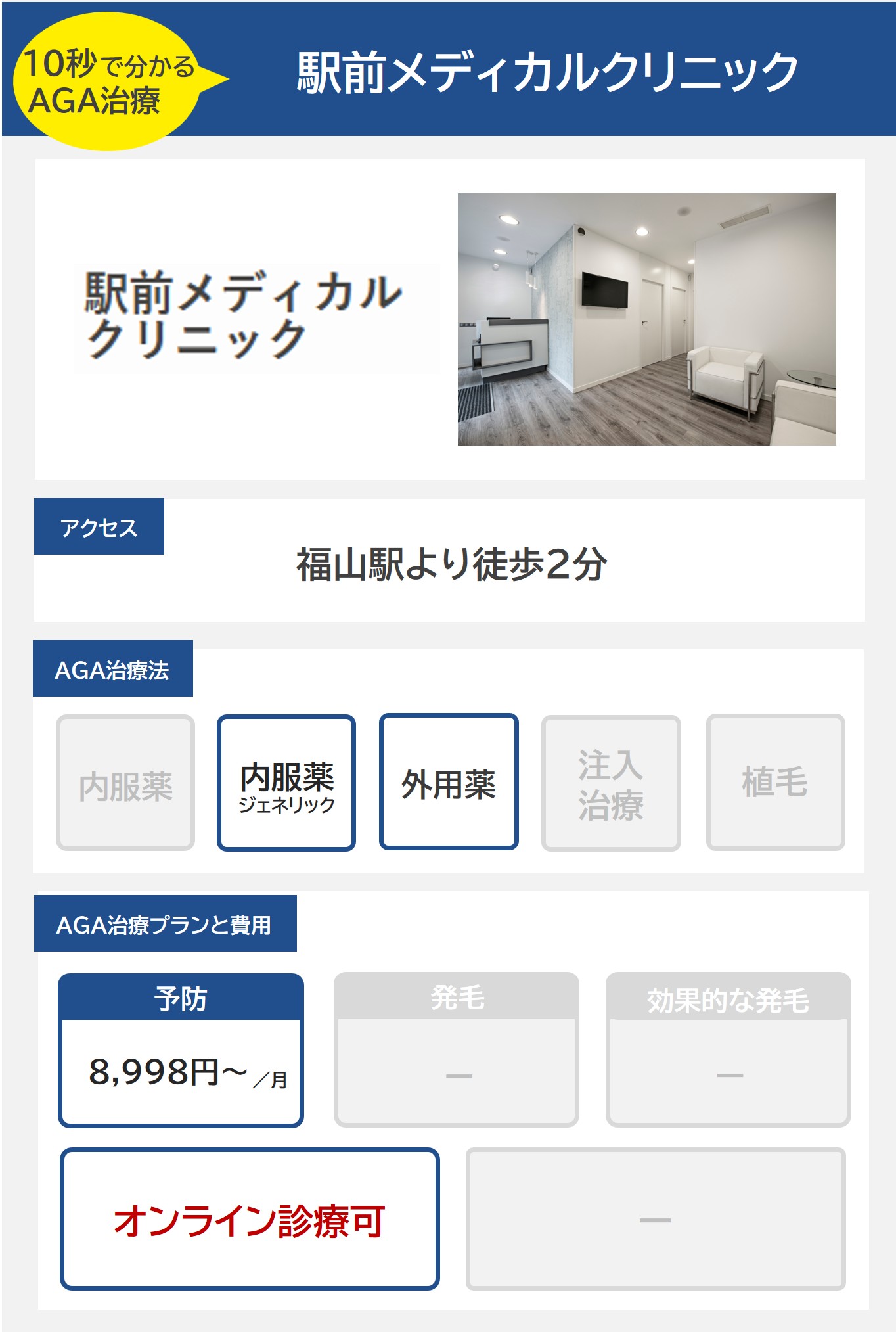 駅前メディカルクリニック（福山）のAGA治療法・プラン料金まとめ