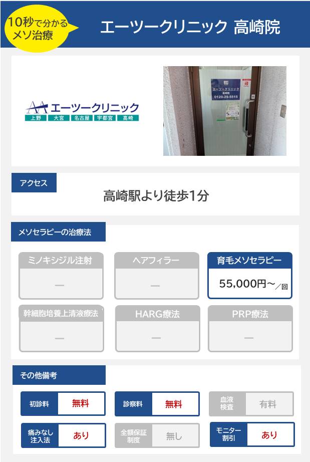 エーツークリニック 高崎院のメソセラピー治療の料金・費用