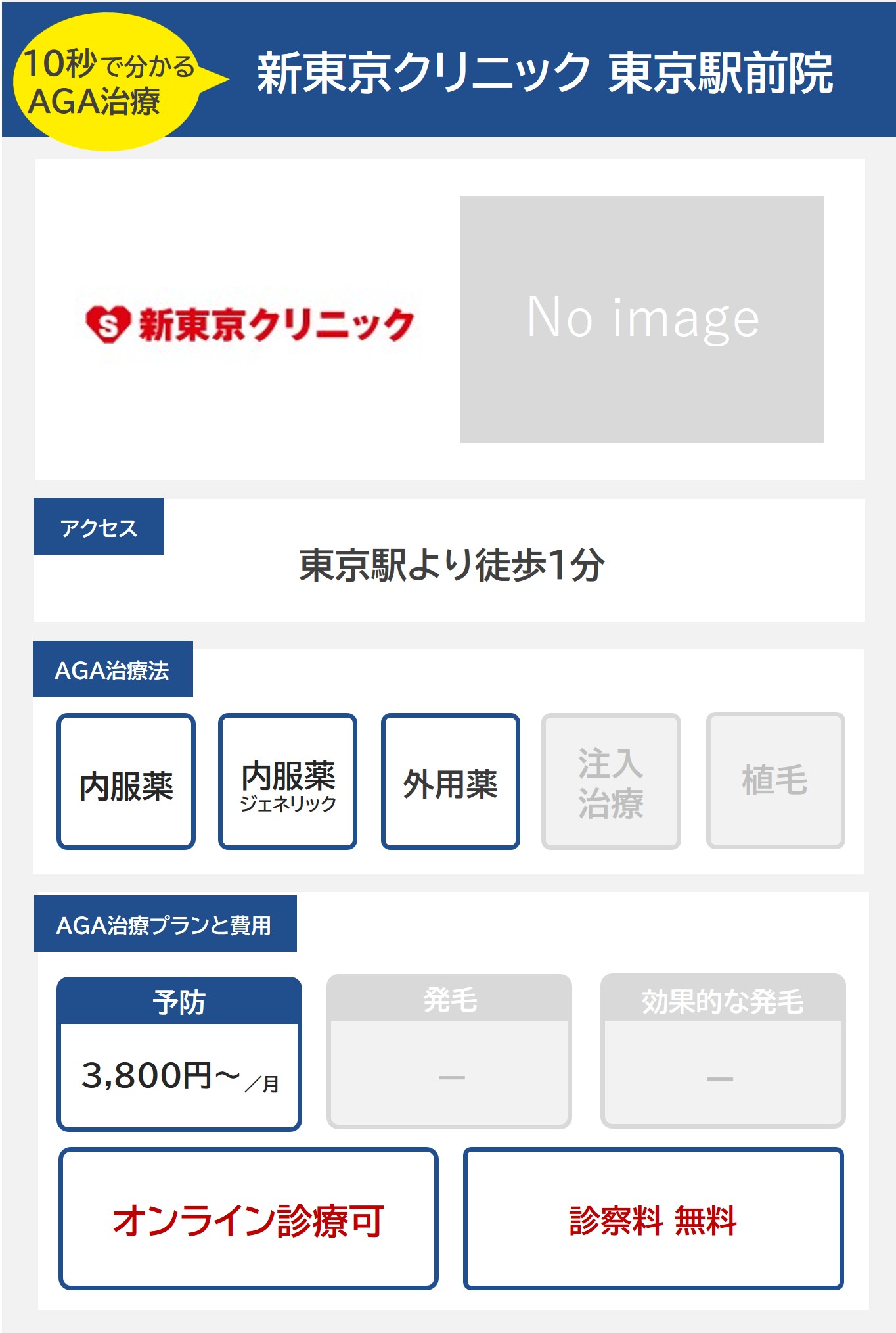 新東京クリニック 東京駅前院（八重洲）のAGA治療法・プラン料金まとめ