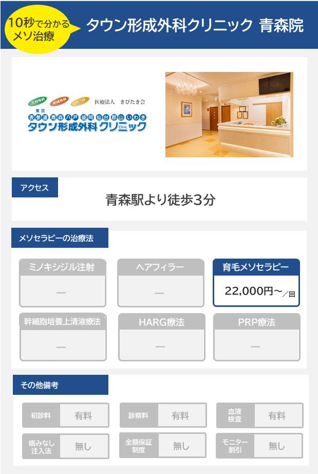 タウン形成外科クリニック 青森院のメソセラピー治療の料金・費用
