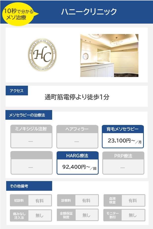 HoneyClinic（ハニークリニック）のメソセラピー治療の料金・費用
