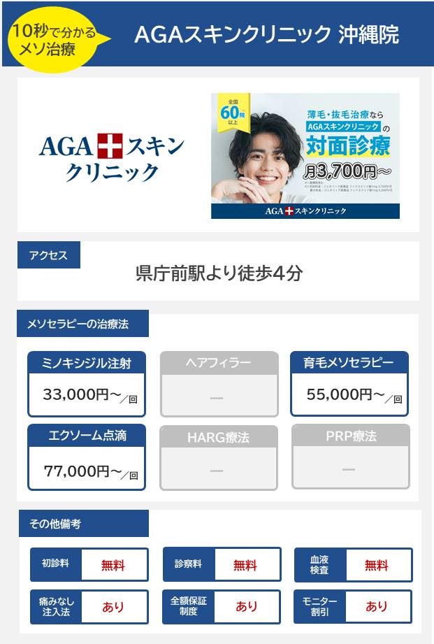 AGAスキンクリニック 沖縄院のメソセラピー治療の料金・費用