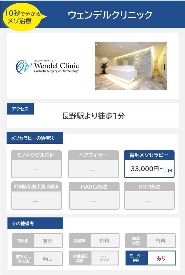 ウェンデルクリニックのメソセラピー治療の料金・費用