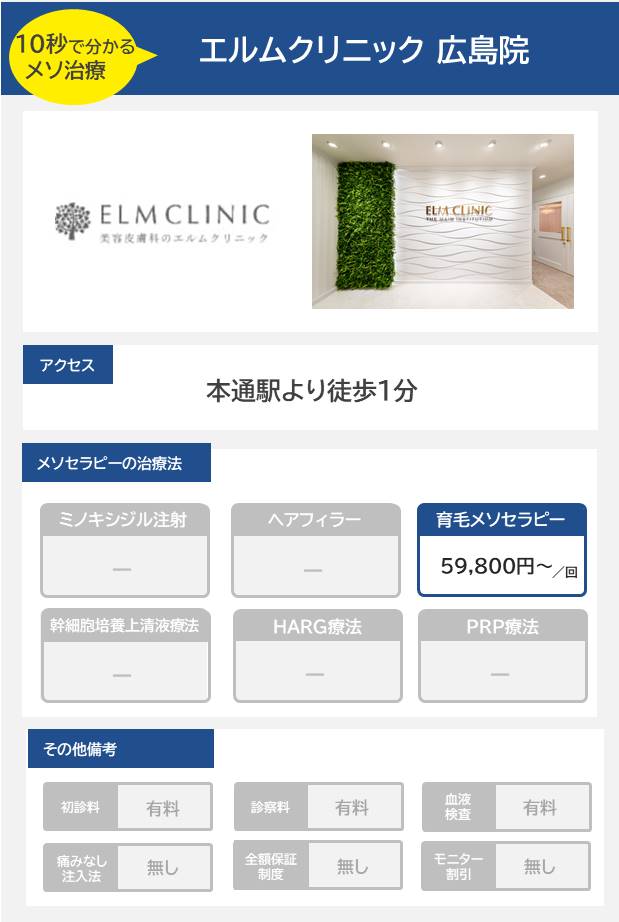 エルムクリニック 広島院のメソセラピー治療の料金・費用