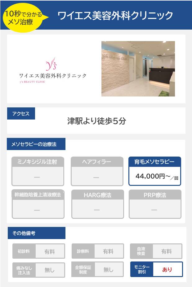 ワイエス美容外科クリニックのメソセラピー治療の料金・費用