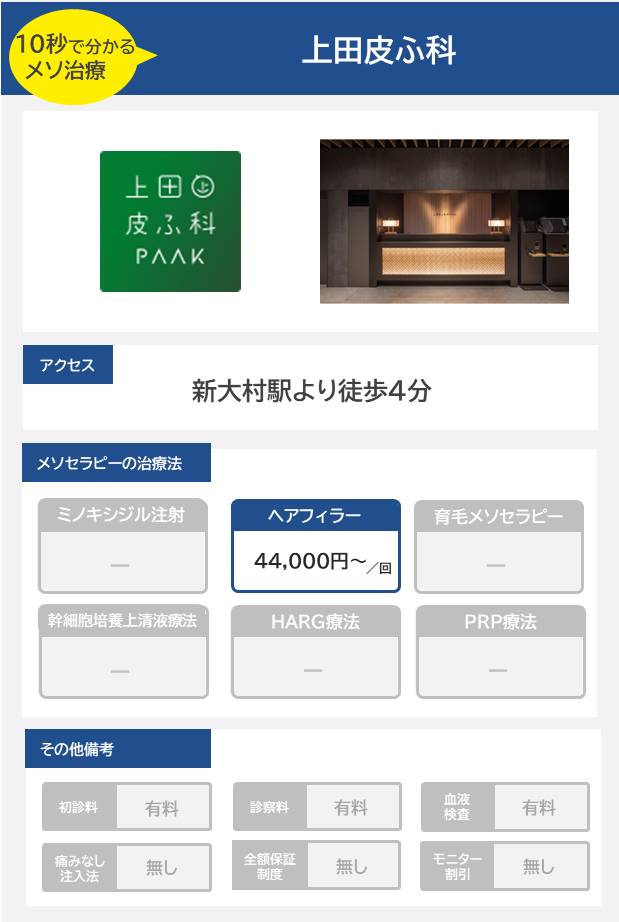 上田皮ふ科のメソセラピー治療の料金・費用