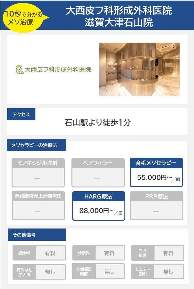 大西皮フ科形成外科医院 滋賀⼤津石山院のメソセラピー治療の料金・費用