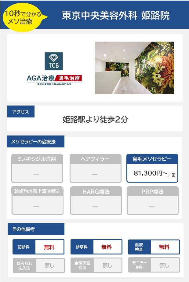 東京中央美容外科 姫路院のメソセラピー治療の料金・費用