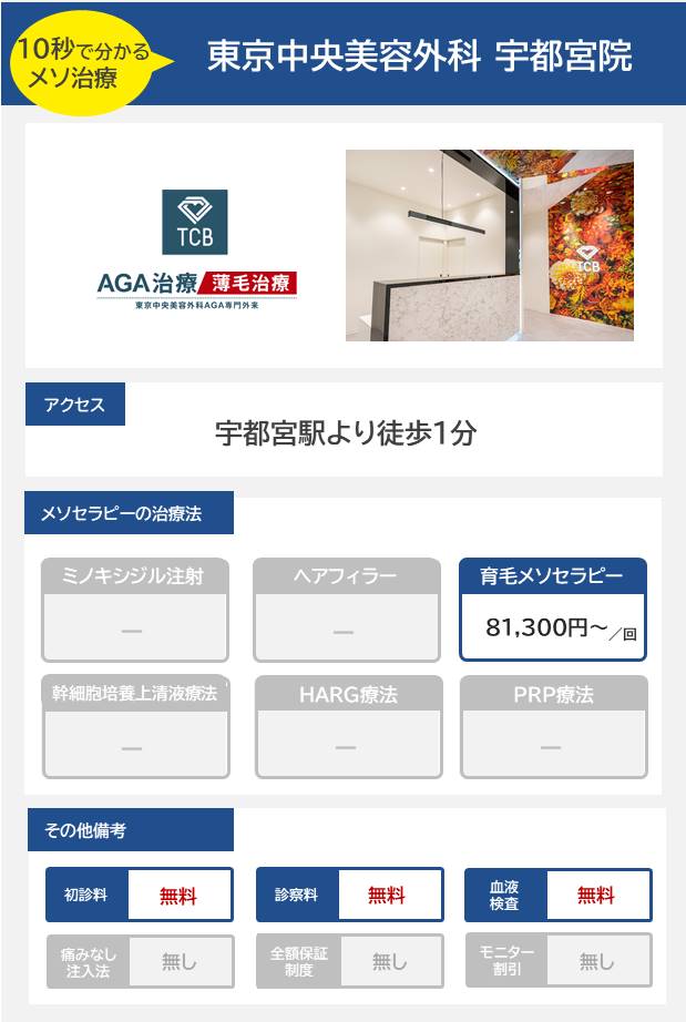東京中央美容外科 宇都宮院のメソセラピー治療の料金・費用