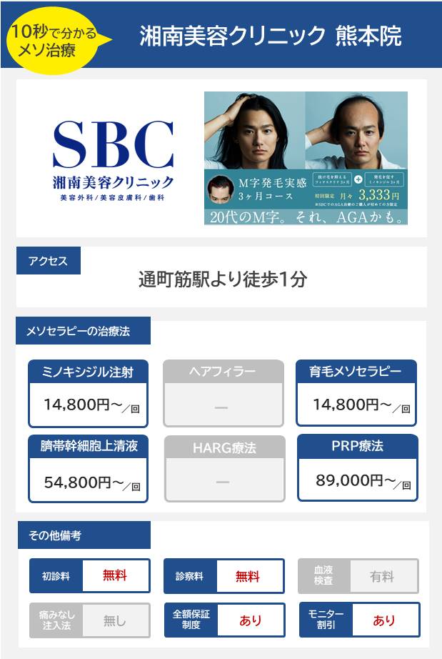 AGAスキンクリニック 熊本院のメソセラピー治療の料金・費用