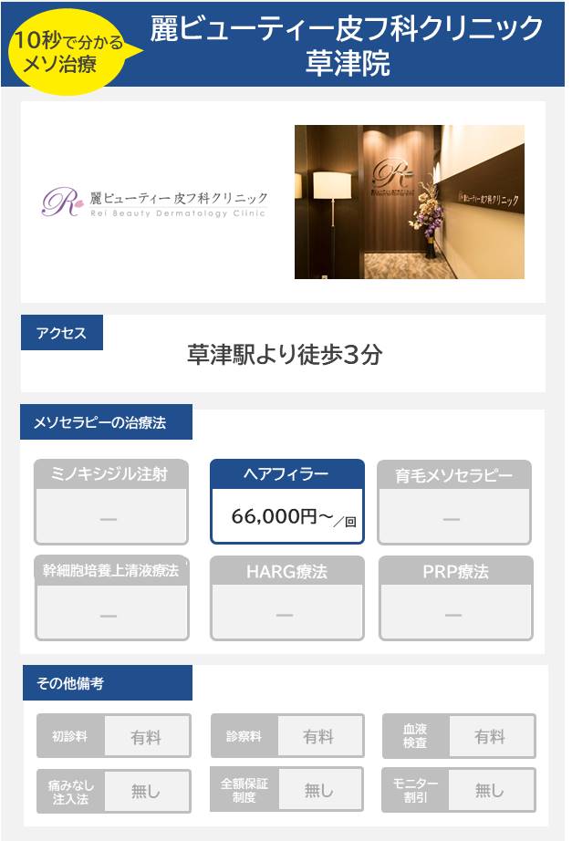 麗ビューティー皮フ科クリニック 草津院のメソセラピー治療の料金・費用