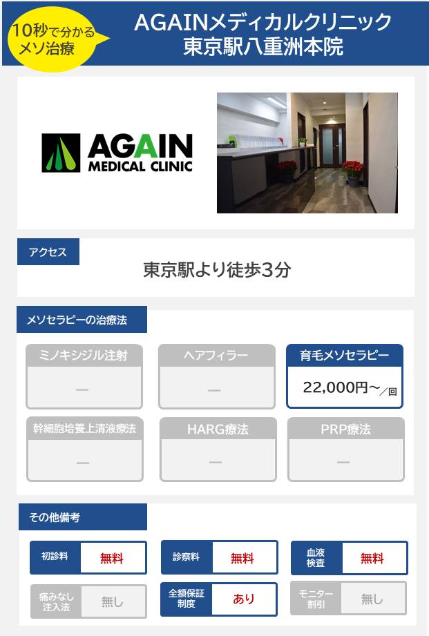 AGAINメディカルクリニック 東京駅 八重洲本院のメソセラピー治療の料金・費用