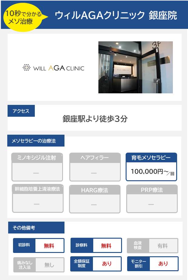 ウィルAGAクリニック 銀座院のメソセラピー治療の料金・費用