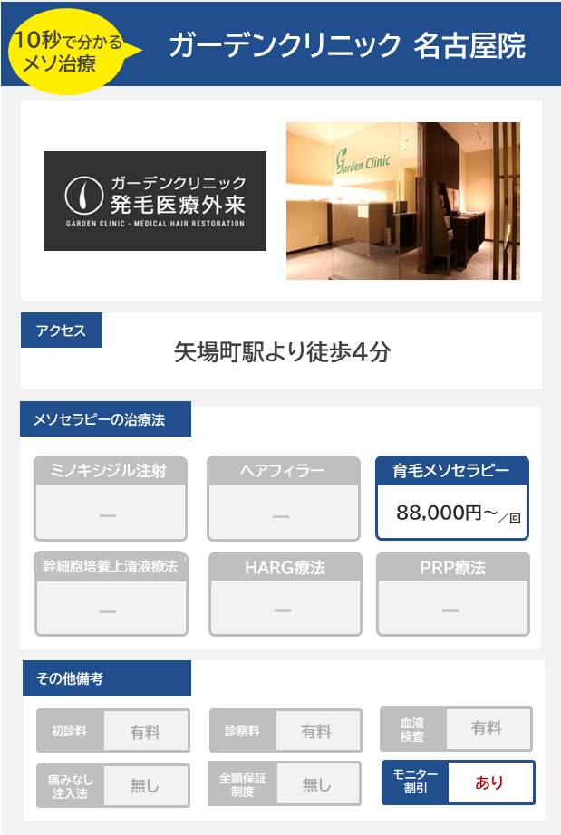ガーデンクリニック 名古屋院のメソセラピー治療の料金・費用