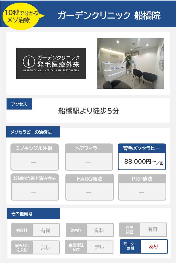 ガーデンクリニック 船橋院のメソセラピー治療の料金・費用