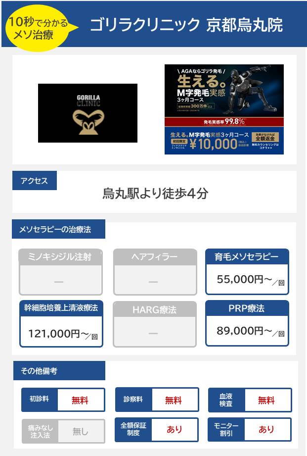 ゴリラクリニック京都烏丸院のメソセラピー治療の料金・費用