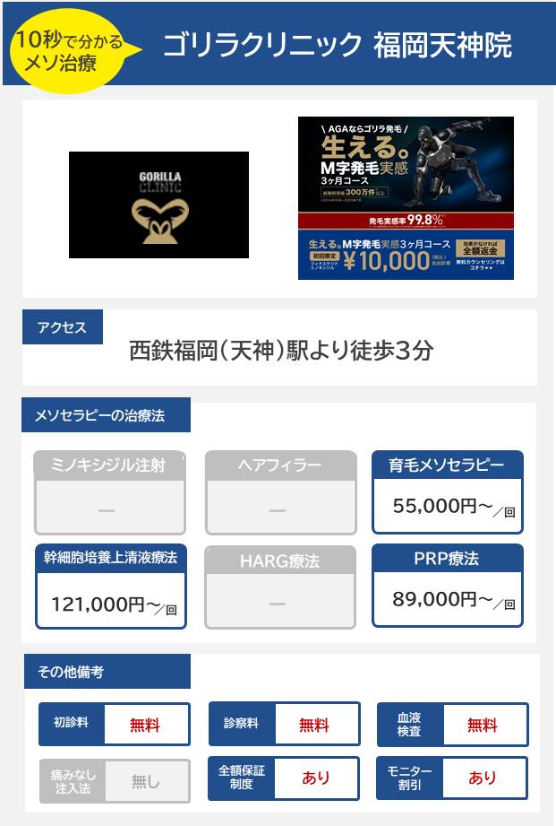 ゴリラクリニック 福岡天神院のメソセラピー治療の料金・費用