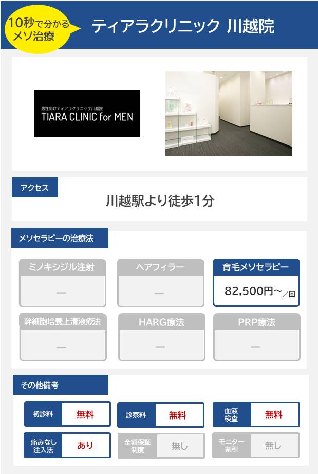 ティアラクリニック 川越院のメソセラピー治療の料金・費用