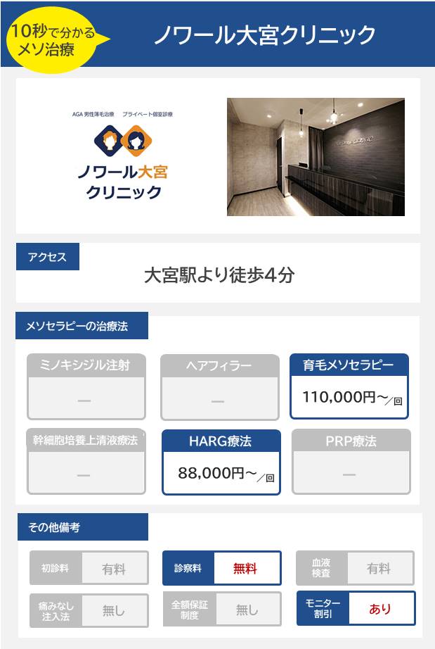 ノワール大宮クリニックのメソセラピー治療の料金・費用