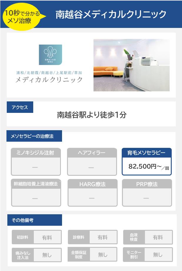 南越谷メディカルクリニックのメソセラピー治療の料金・費用