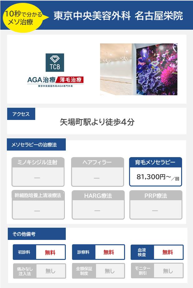 東京中央美容外科 名古屋栄院のメソセラピー治療の料金・費用