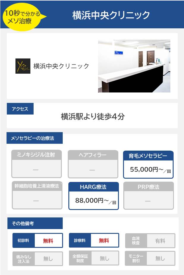 横浜中央クリニックのメソセラピー治療の料金・費用