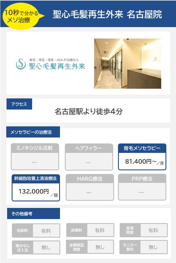 聖心毛髪再生外来 名古屋院のメソセラピー治療の料金・費用