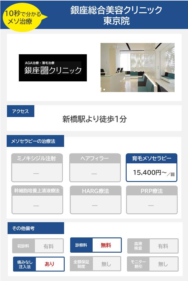 銀座総合美容クリニック 東京院のメソセラピー治療の料金・費用