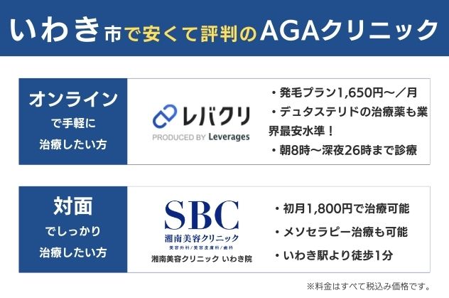 いわき市で安くておすすめのAGAクリニックは、オンラインならレバクリ、対面なら湘南美容クリニックいわき院