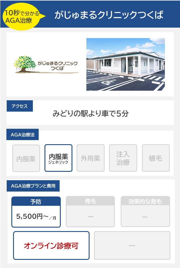 がじゅまるクリニックつくば（つくば）のAGA治療法・プラン料金まとめ